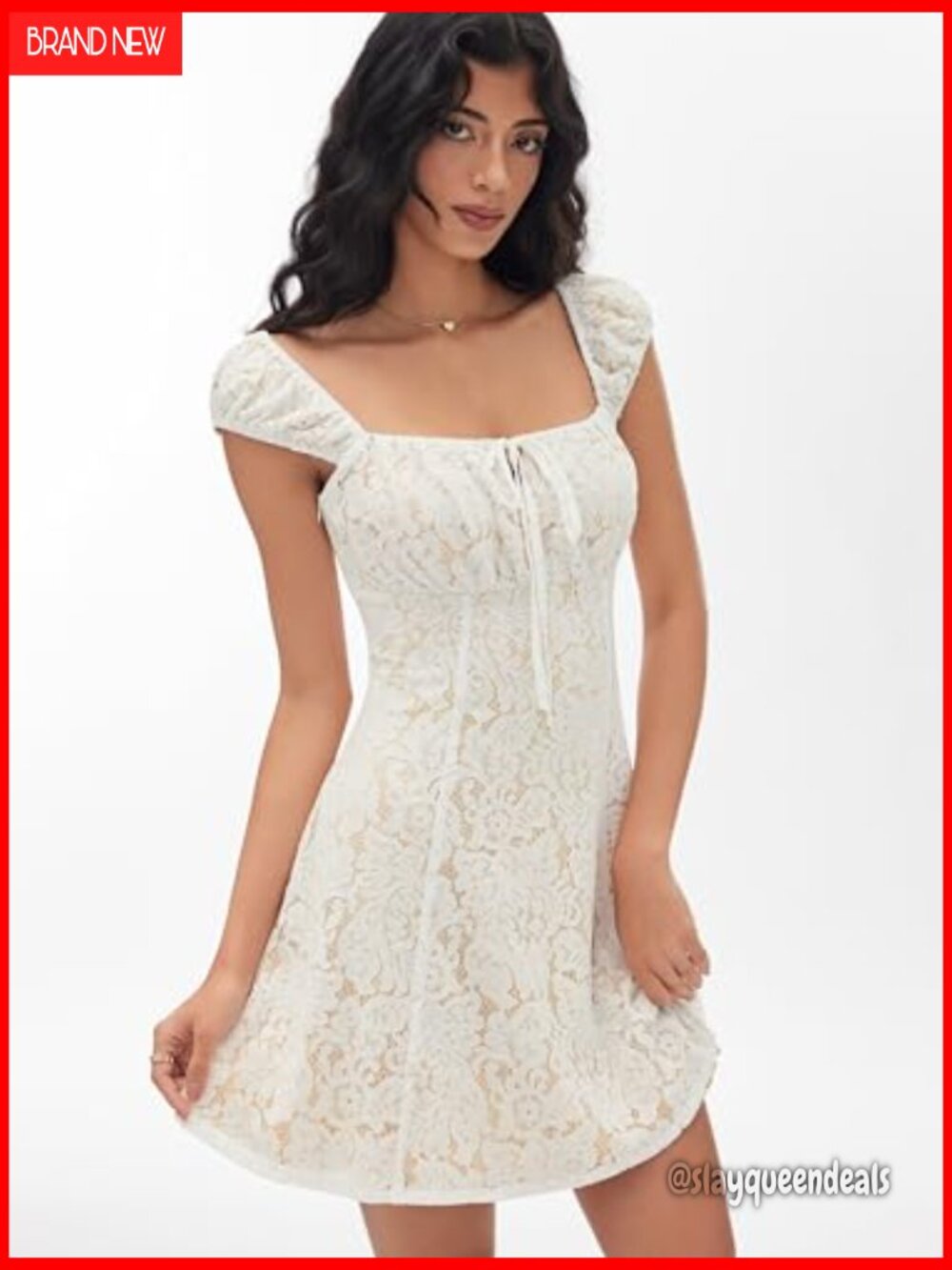 Lace Mini Dress Square Neck Short Puff Sleeve A Line Cocktail Party - Picture 4 of 6